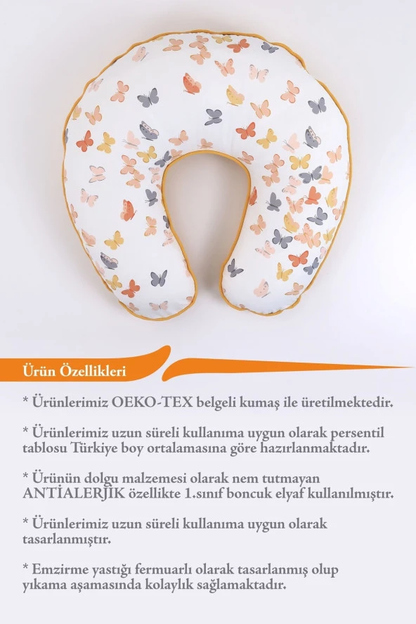 Umaybebek Emzirme Yastığı, Emzirme Önlüğü Set - Pamuklu Kumaş - Hardal Kelebek- - 3