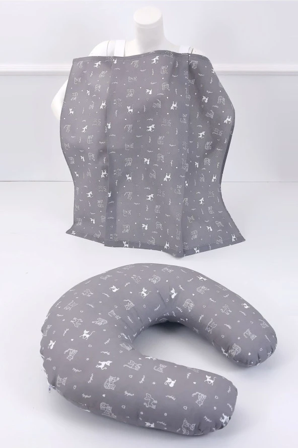 Umaybebek Emzirme Yastığı, Emzirme Önlüğü Set - Pamuklu Kumaş - Gri Kedi-