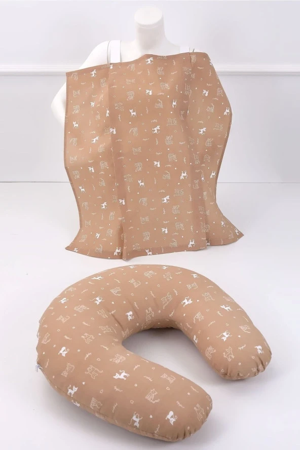 Umaybebek Emzirme Yastığı, Emzirme Önlüğü Set - Pamuklu Kumaş - Kahve Kedi-