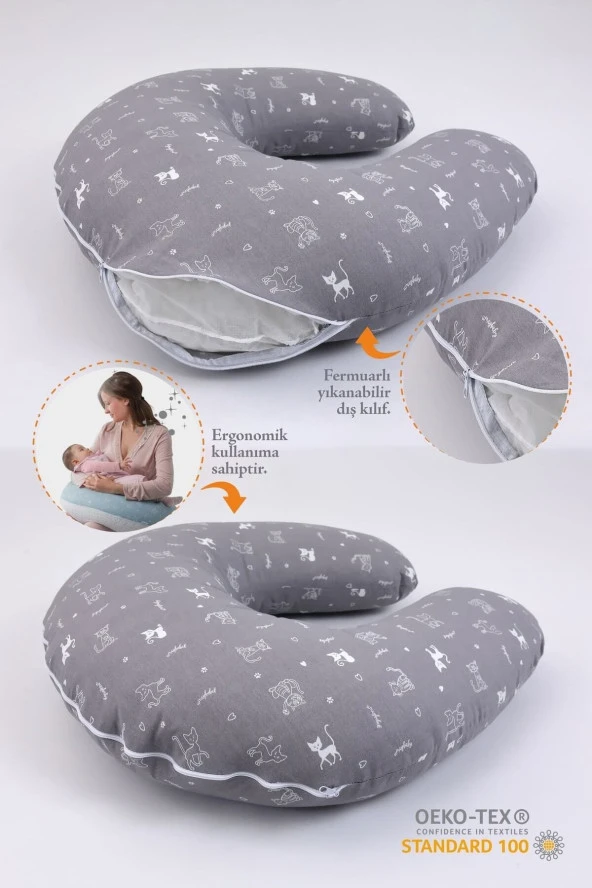Umaybebek Emzirme Yastığı, Emzirme Önlüğü Set - Pamuklu Kumaş - Gri Kedi- - 2