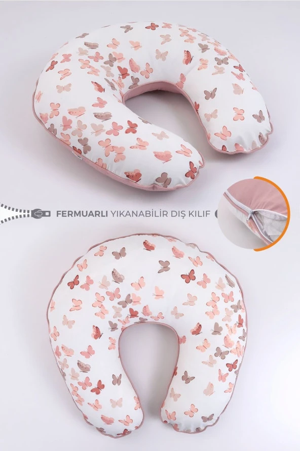 Umaybebek Emzirme Yastığı Minderi, Pamuk Kumaş - Pudra Kelebek-