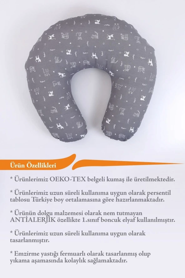 Umaybebek Emzirme Yastığı, Emzirme Önlüğü Set - Pamuklu Kumaş - Gri Kedi- - 3