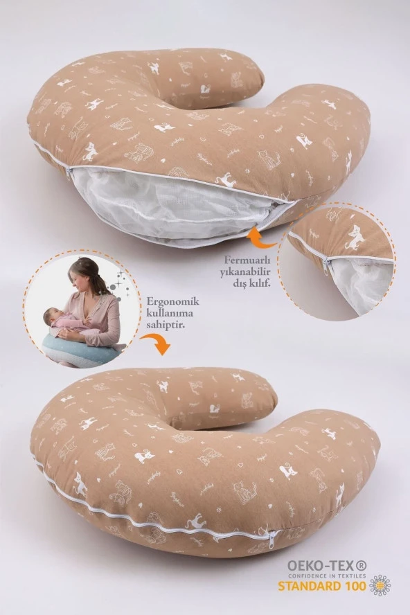 Umaybebek Emzirme Yastığı, Emzirme Önlüğü Set - Pamuklu Kumaş - Kahve Kedi- - 2