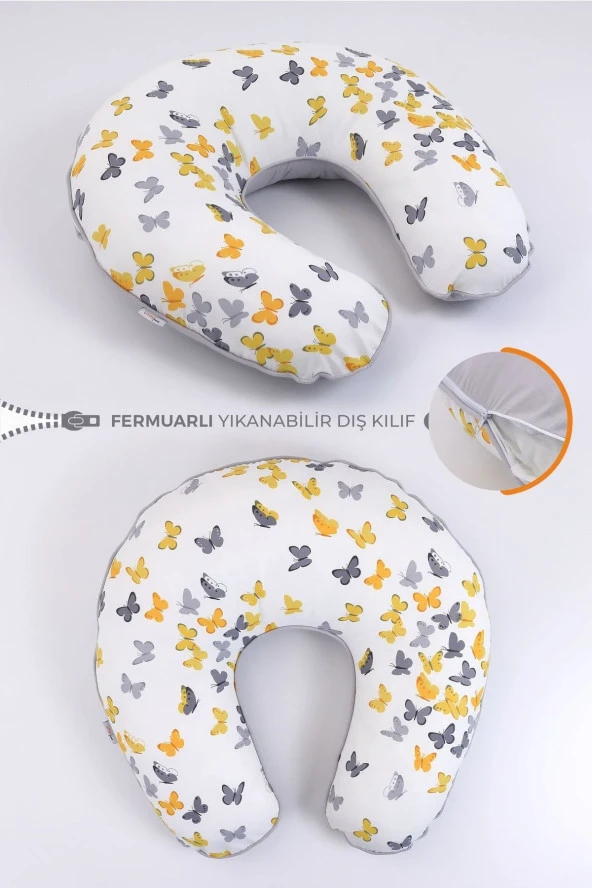 Umaybebek Emzirme Yastığı Minderi, Pamuk Kumaş - Sarı Gri Kelebek-