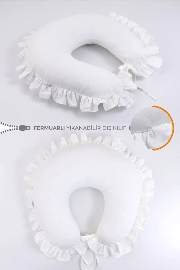 Umaybebek Emzirme Yastığı Minderi, Pamuk Kumaş - Krem Fırfırlı-