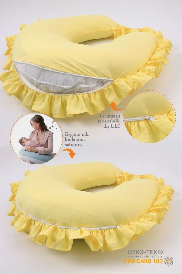 Umaybebek Emzirme Yastığı, Emzirme Önlüğü Set - Pamuklu Kumaş - Sarı Fırfırlı- - Resim 2