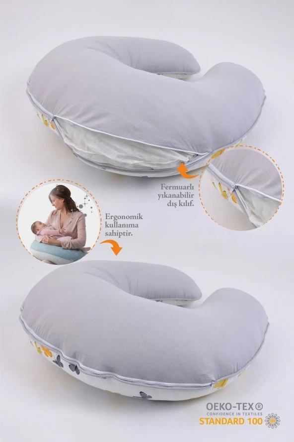 Umaybebek Emzirme Yastığı Minderi, Pamuk Kumaş - Sarı Gri Kelebek- - 2