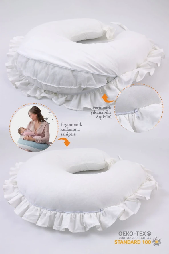 Umaybebek Emzirme Yastığı Minderi, Pamuk Kumaş - Krem Fırfırlı- - 2