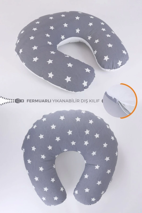 Umaybebek Emzirme Yastığı Minderi, Pamuk Kumaş - Dolgulu Yastık 60x60 Cm-Koyu Gri Beyaz