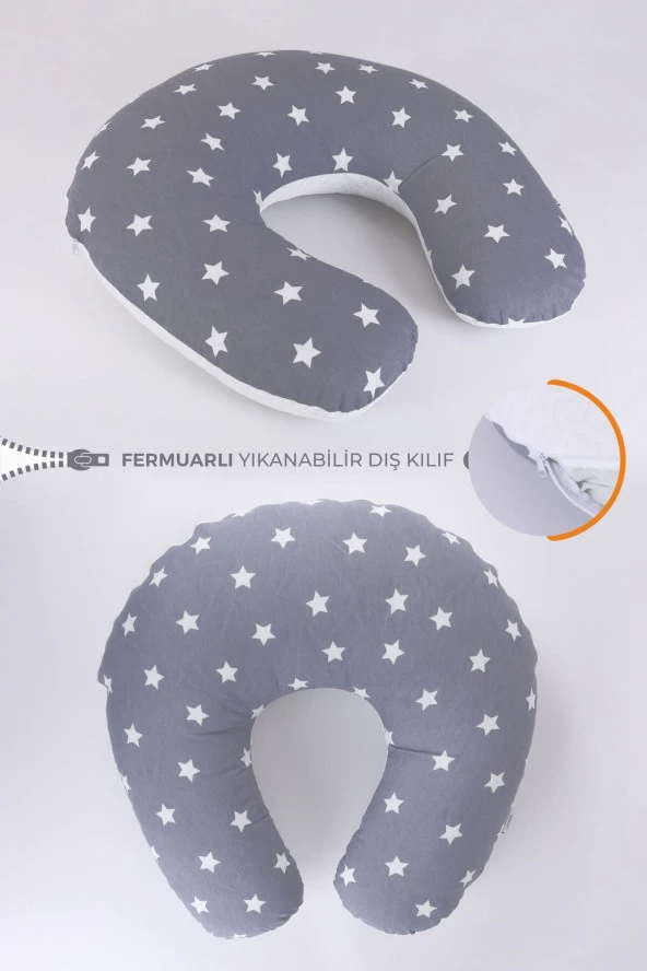 Umaybebek Emzirme Yastığı Minderi, Pamuk Kumaş - Dolgulu Yastık 60x60 Cm-Koyu Gri Dokulu