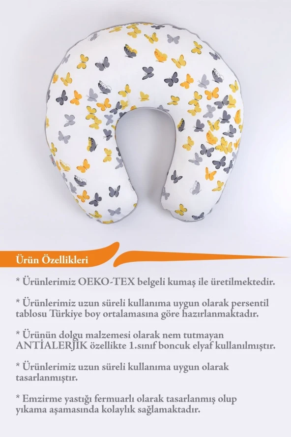 Umaybebek Emzirme Yastığı Minderi, Pamuk Kumaş - Sarı Gri Kelebek- - 3