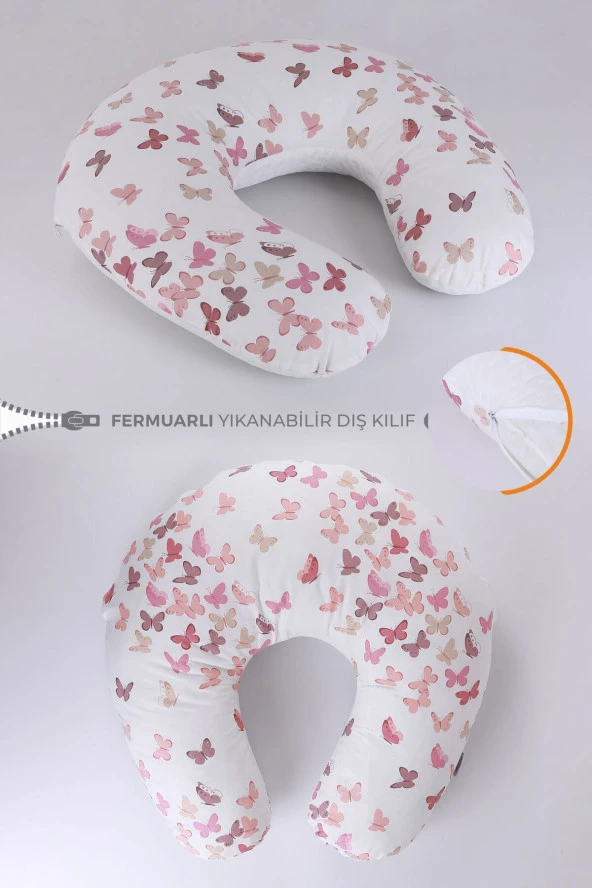 Umaybebek Emzirme Yastığı Minderi, Pamuk Kumaş - Dolgulu Yastık 60x60 Cm-Pudra Kelebek Dokulu