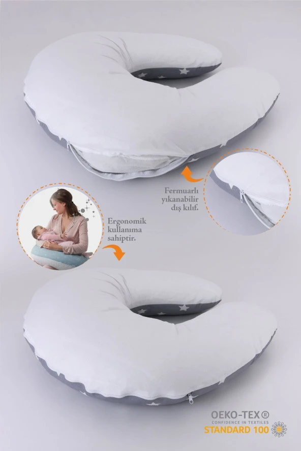 Umaybebek Emzirme Yastığı Minderi, Pamuk Kumaş - Dolgulu Yastık 60x60 Cm-Koyu Gri Beyaz - 2