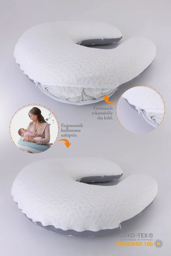 Umaybebek Emzirme Yastığı Minderi, Pamuk Kumaş - Dolgulu Yastık 60x60 Cm-Koyu Gri Dokulu - 2