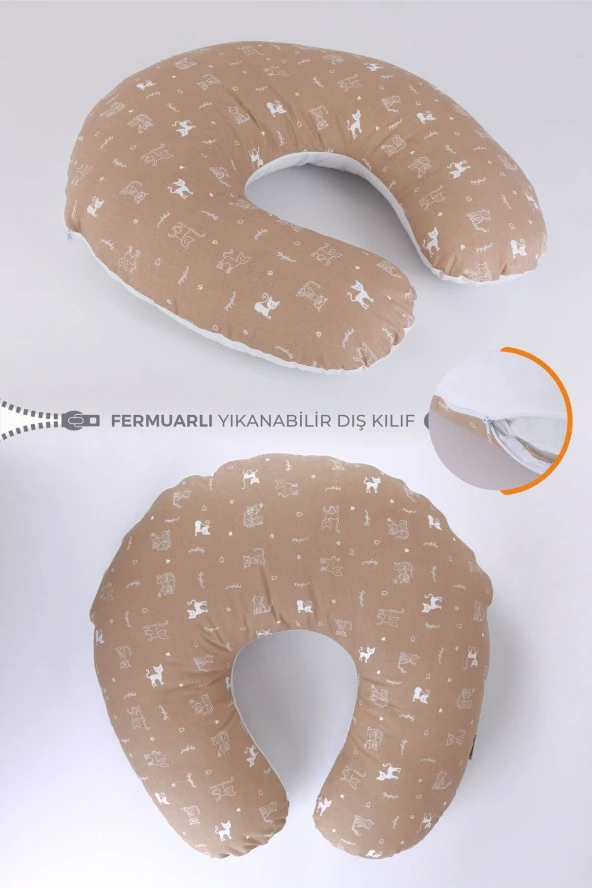 Umaybebek Emzirme Yastığı Minderi, Pamuk Kumaş - Dolgulu Yastık 60x60 Cm-Kahve Kedi Beyaz