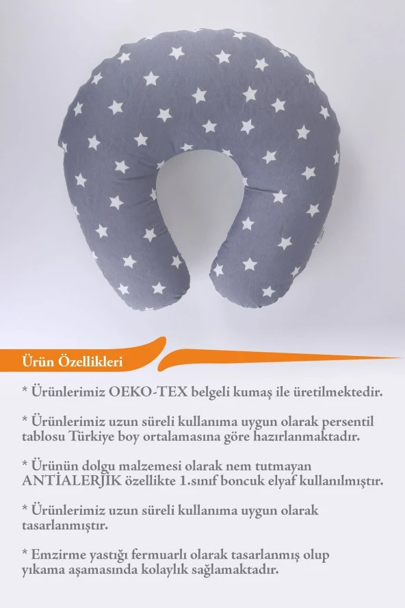 Umaybebek Emzirme Yastığı Minderi, Pamuk Kumaş - Dolgulu Yastık 60x60 Cm-Koyu Gri Beyaz - 3