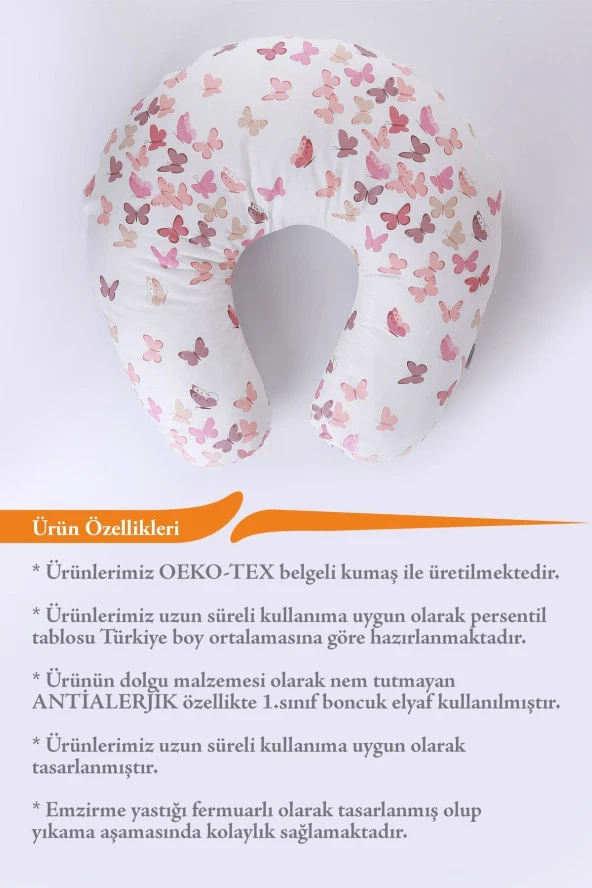 Umaybebek Emzirme Yastığı Minderi, Pamuk Kumaş - Dolgulu Yastık 60x60 Cm-Pudra Kelebek Dokulu - 2