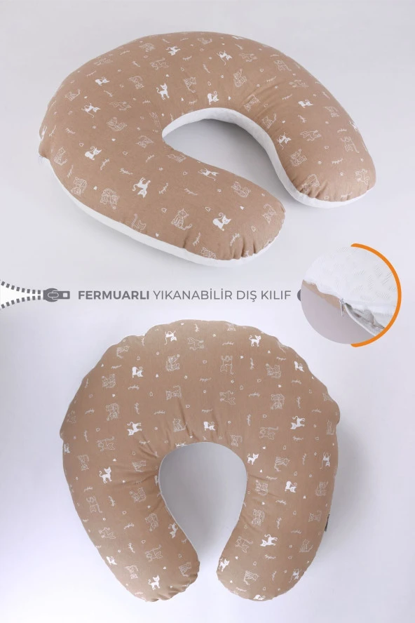 Umaybebek Emzirme Yastığı Minderi, Pamuk Kumaş - Dolgulu Yastık 60x60 Cm-Kahve Kedi Dokulu