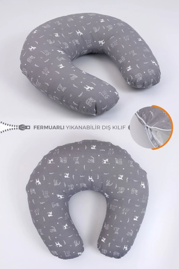 Umaybebek Emzirme Yastığı Minderi, Pamuk Kumaş - Dolgulu Yastık 60x60 Cm-Gri Kedi