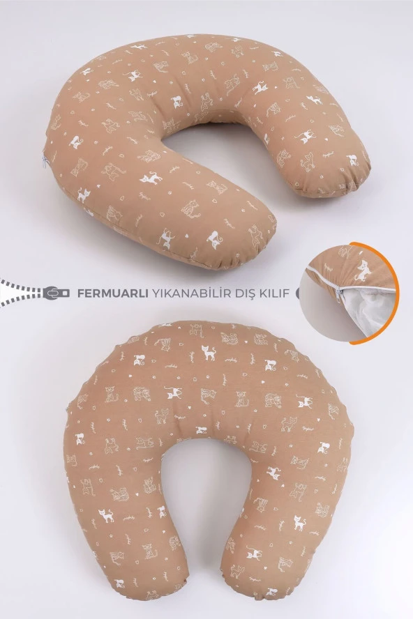 Umaybebek Emzirme Yastığı Minderi, Pamuk Kumaş - Dolgulu Yastık 60x60 Cm-Kahve Kedi