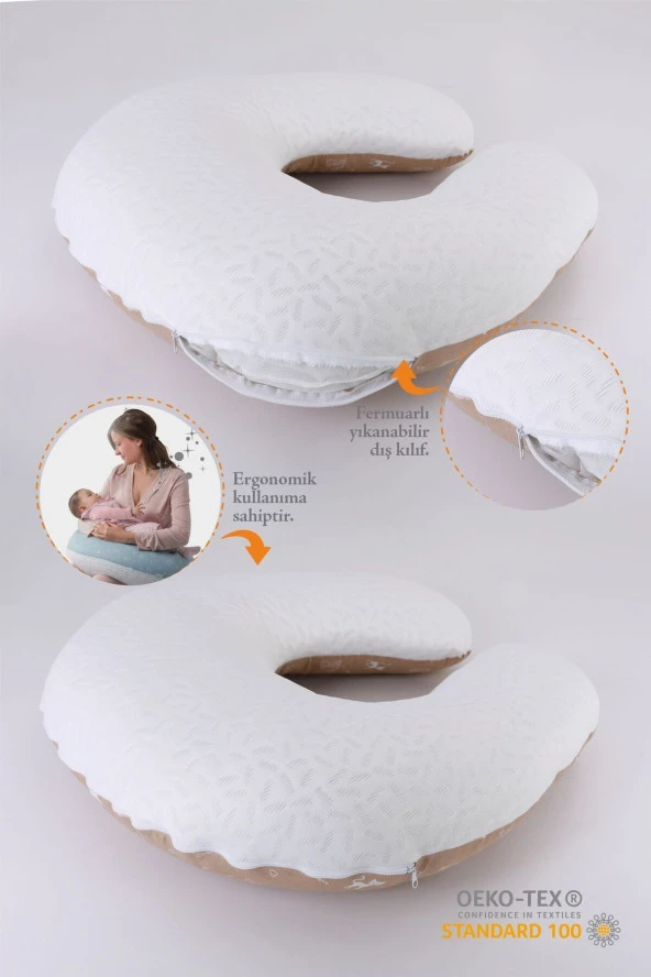 Umaybebek Emzirme Yastığı Minderi, Pamuk Kumaş - Dolgulu Yastık 60x60 Cm-Kahve Kedi Dokulu - 2