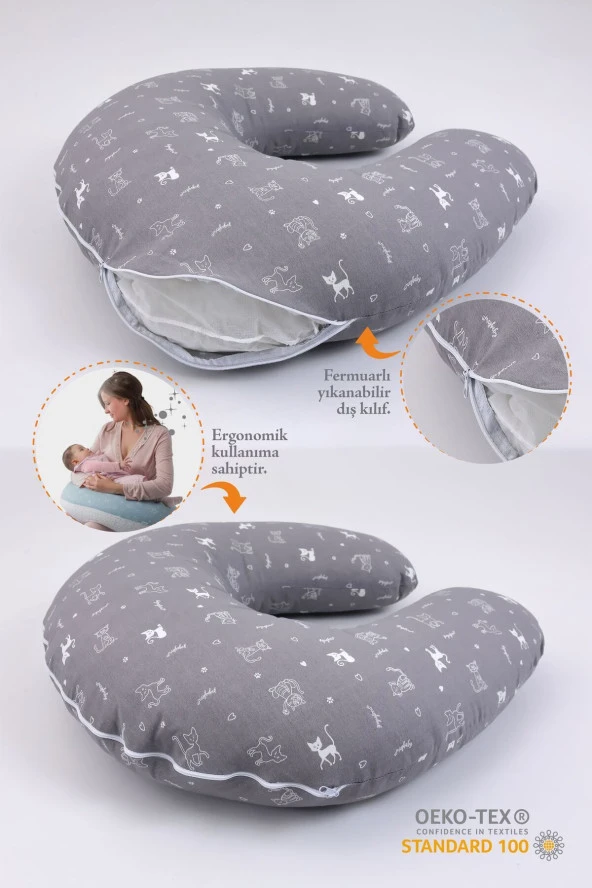 Umaybebek Emzirme Yastığı Minderi, Pamuk Kumaş - Dolgulu Yastık 60x60 Cm-Gri Kedi - 2