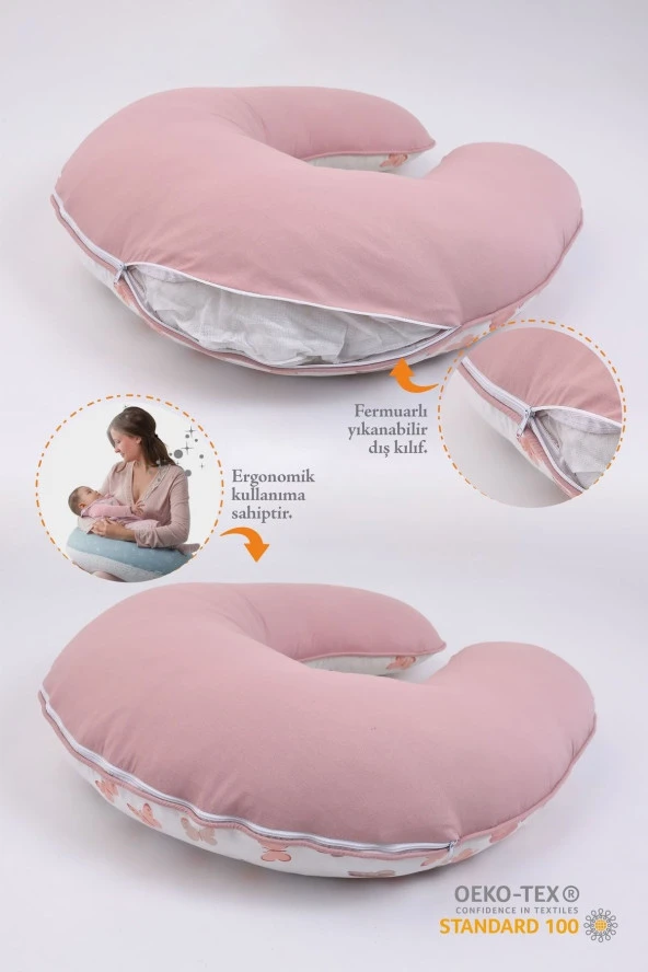 Umaybebek Emzirme Yastığı Minderi, Pamuk Kumaş - Pudra Kelebek- - 2