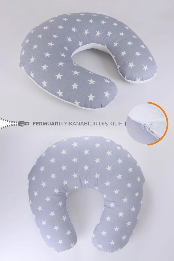 Umaybebek Emzirme Yastığı Minderi, Pamuk Kumaş - Dolgulu Yastık 60x60 Cm-Açık Gri Yıldız