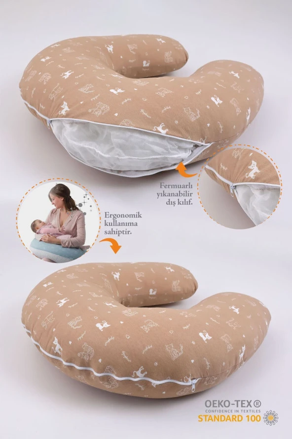 Umaybebek Emzirme Yastığı Minderi, Pamuk Kumaş - Dolgulu Yastık 60x60 Cm-Kahve Kedi - 2