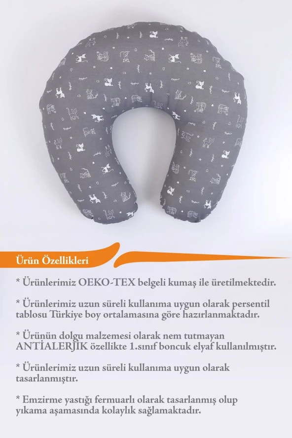 Umaybebek Emzirme Yastığı Minderi, Pamuk Kumaş - Dolgulu Yastık 60x60 Cm-Gri Kedi - 3