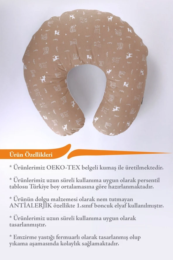 Umaybebek Emzirme Yastığı Minderi, Pamuk Kumaş - Dolgulu Yastık 60x60 Cm-Kahve Kedi Dokulu - 3