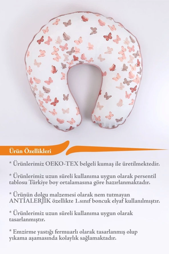 Umaybebek Emzirme Yastığı Minderi, Pamuk Kumaş - Pudra Kelebek- - 3