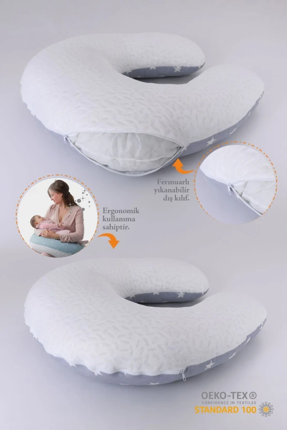 Umaybebek Emzirme Yastığı Minderi, Pamuk Kumaş - Dolgulu Yastık 60x60 Cm-Açık Gri Yıldız - 2