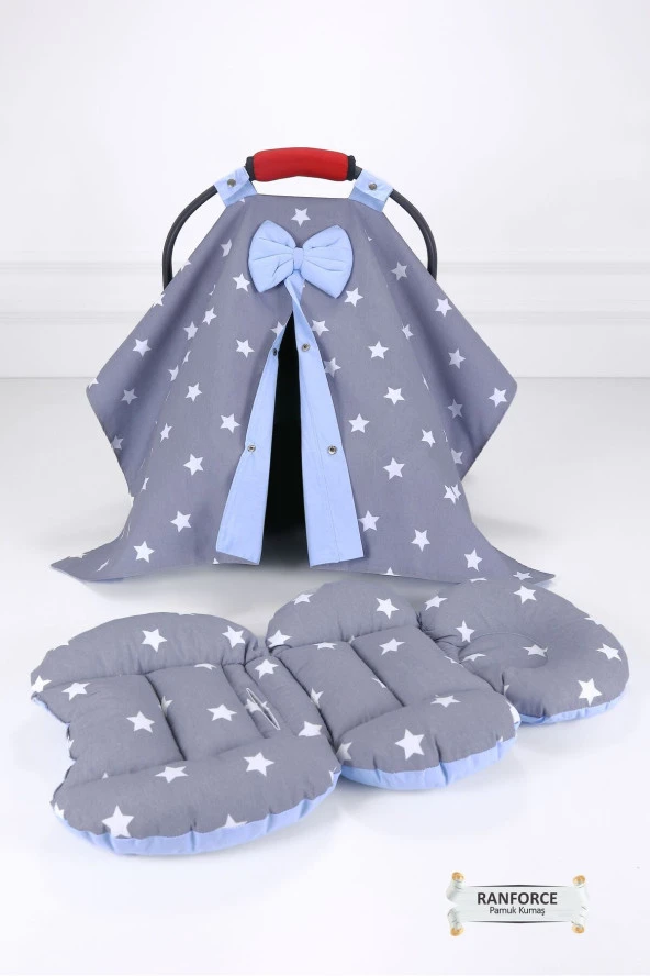 Umaybebek Puset Örtüsü Puset Minderi 2 Parça - Bel Destekli-Koyu Gri Mavi