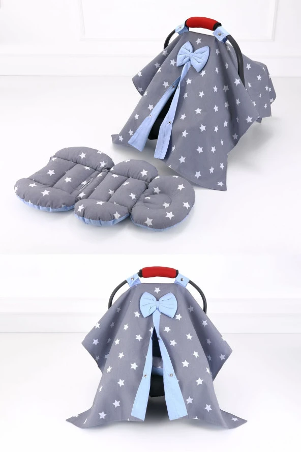 Umaybebek Puset Örtüsü Puset Minderi 2 Parça - Bel Destekli-Koyu Gri Mavi - 2