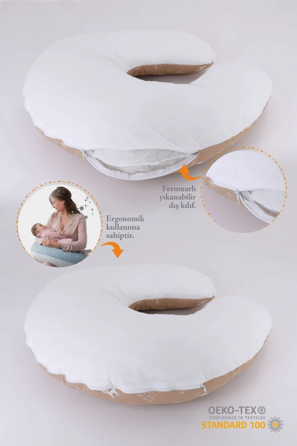 Umaybebek Emzirme Yastığı Minderi, Pamuk Kumaş - Dolgulu Yastık 60x60 Cm-Kahve Kedi Beyaz - 2