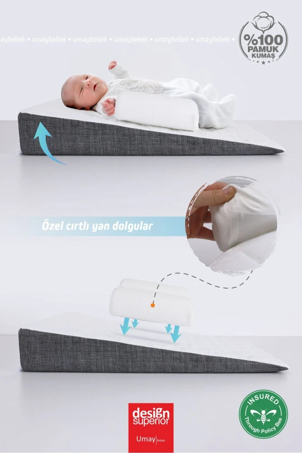 Umaybebek Bebek Reflü Yatağı, Fermuarlı, Yıkanabilir Kılıf, Yatak, %100 Pamuk Kumaş-Antrasit - 2