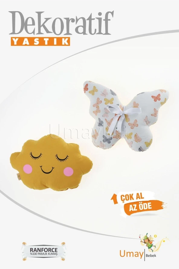 Umaybebek Bebek Çocuk Odası Dekoratif Yastık, Kelebek Yastık, Bulut Yastık, Dekor Yastık, Uyku Arkadaşı - Gözü Kapalı Kelebek - Hardal