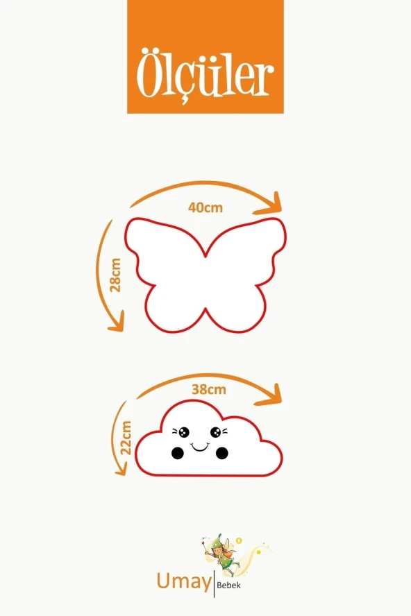 Umaybebek Bebek Çocuk Odası Dekoratif Yastık, Kelebek Yastık, Bulut Yastık, Dekor Yastık, Uyku Arkadaşı- MAVİ/GRİ - 2