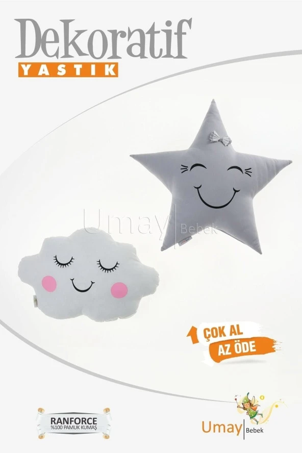 Umaybebek Bebek Çocuk Odası Dekoratif Yastık, Yıldız Yastık, Bulut Yastık, Dekor Yastık, Uyku Arkadaşı - Gözü Kapalı Yıldız - Gri Fiyonklu