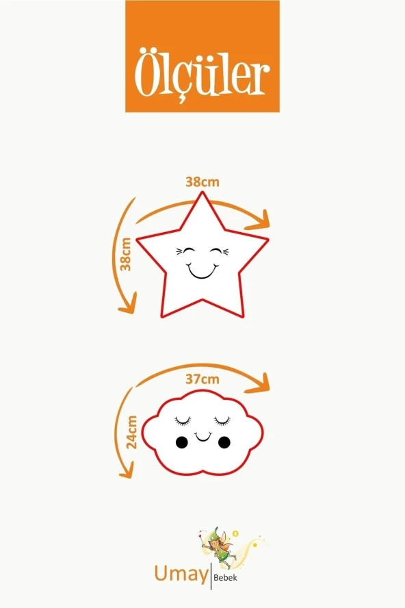 Umaybebek Bebek Çocuk Odası Dekoratif Yastık, Yıldız Yastık, Bulut Yastık, Dekor Yastık, Uyku Arkadaşı - Gözü Kapalı Yıldız - Gri Fiyonklu - 2