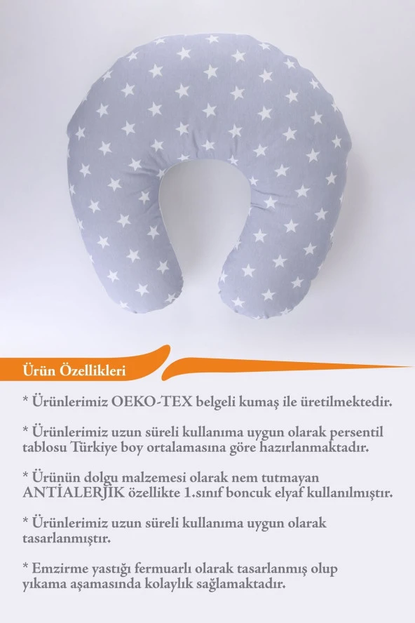 Umaybebek Emzirme Yastığı Minderi, Pamuk Kumaş - Dolgulu Yastık 60x60 Cm-Açık Gri Yıldız - 3