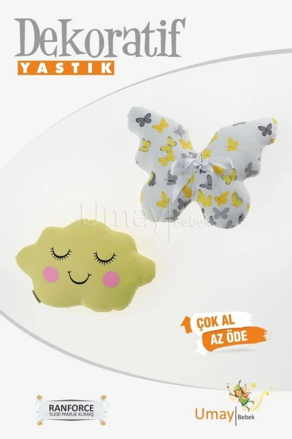 Umaybebek Bebek Çocuk Odası Dekoratif Yastık, Kelebek Yastık, Bulut Yastık, Dekor Yastık, Uyku Arkadaşı - Gözü Kapalı Kelebek - Sarı