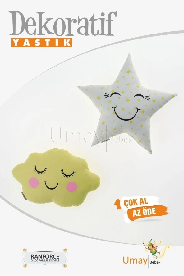 Umaybebek 2'li Dekoratif Bebek Yastığı, Yastık - %100 Pamuk, Uyku Arkadaşı - Gözü Kapalı Yıldız - Sarı