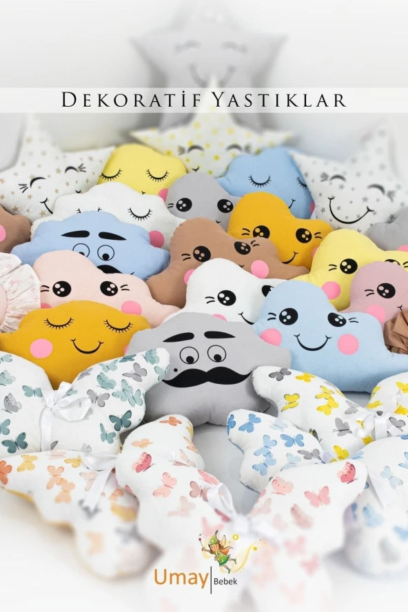 Umaybebek 2'li Dekoratif Bebek Yastığı, Yastık - %100 Pamuk, Uyku Arkadaşı - Gözü Kapalı Yıldız - Sarı - 3
