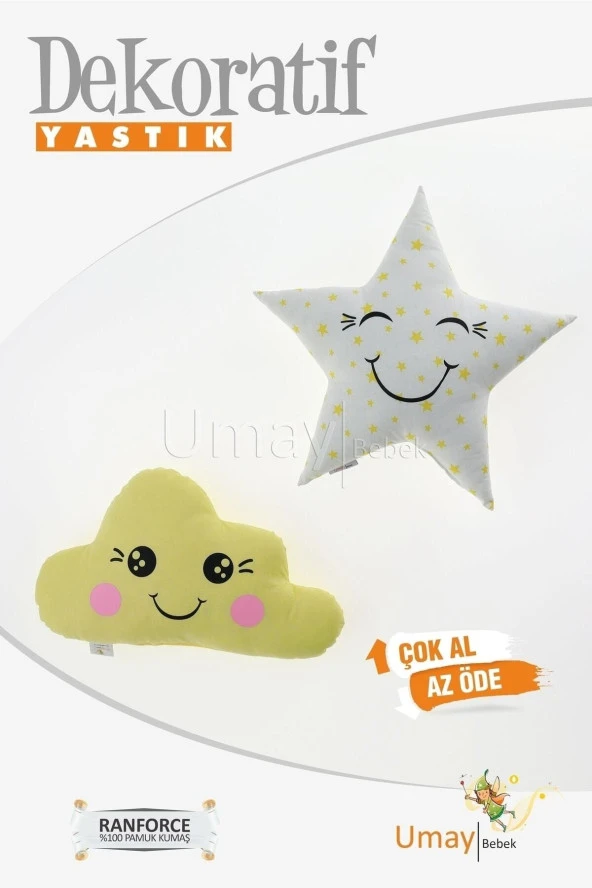 Umaybebek Bebek Çocuk Odası Dekoratif Yastık, Yıldız Yastık, Bulut Yastık, Dekor Yastık, Uyku Arkadaşı - Gözü Açık Yıldız - Sarı