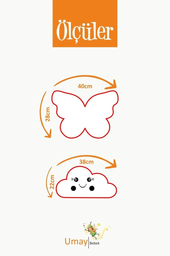 Umaybebek Bebek Çocuk Odası Dekoratif Yastık, Kelebek Yastık, Bulut Yastık, Dekor Yastık, Uyku Arkadaşı - Gözü Açı Kelebek - Pudra - 2