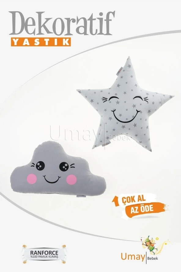 Umaybebek 2'li Dekoratif Bebek Yastığı, Yastık, Uyku Arkadaşı - %100 Pamuk-GRİ