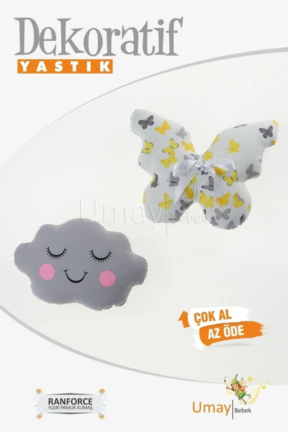 Umaybebek Bebek Çocuk Odası Dekoratif Yastık, Kelebek Yastık, Bulut Yastık, Dekor Yastık, Uyku Arkadaşı - Gözü Kapalı Kelebek - Sarı Gri