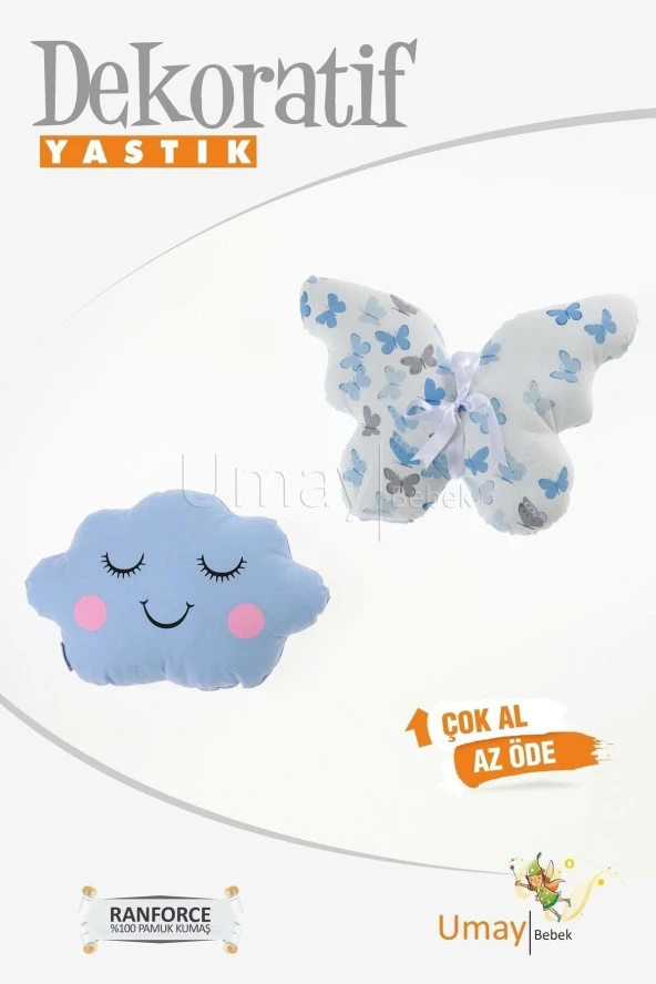 Umaybebek Bebek Çocuk Odası Dekoratif Yastık, Kelebek Yastık, Bulut Yastık, Dekor Yastık, Uyku Arkadaşı - Gözü Kapalı Kelebek - Mavi